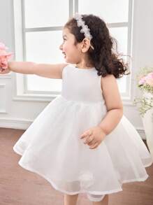 SHEIN Baby Girl Woven Solid Color Splice Mesh Snug Fit Dress - White - View 5