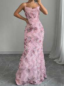 Elenzga Váy Maxi Đuôi Cá In Hoa Tulle Thanh Lịch Cho Nữ - Hồng - Xem 3