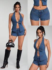 Jeanoix 性感露背水洗牛仔上衣