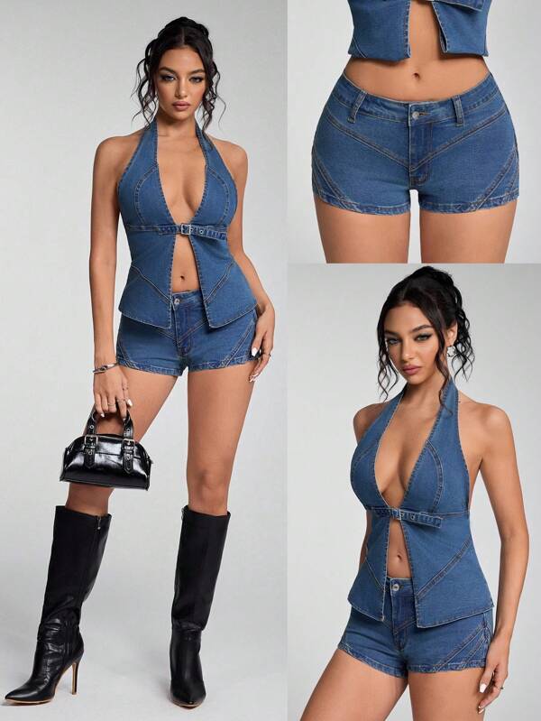Jeanoix Sexy Halter Open Back Washed Denim Top