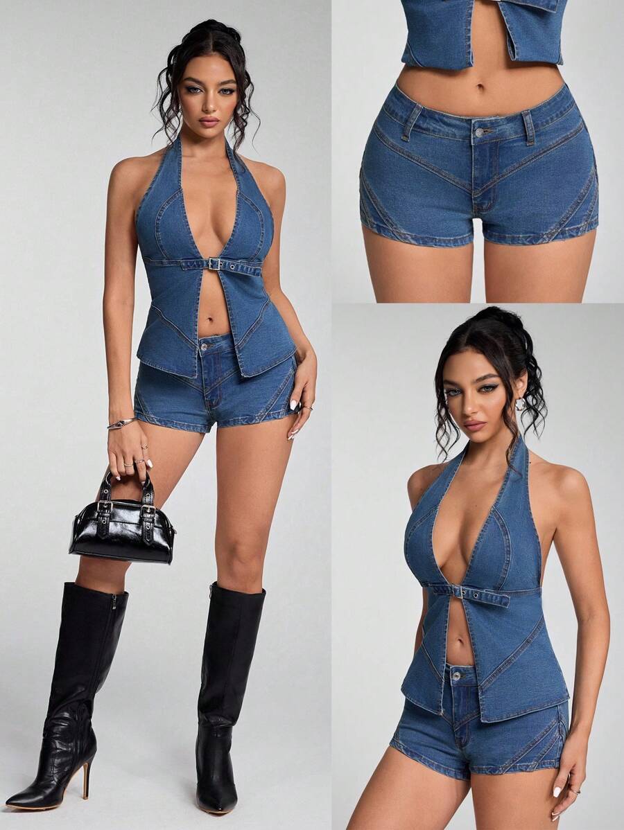 Jeanoix 性感露背水洗牛仔上衣