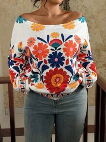 SHEIN VCAY Sweater Rajut Jacquard Digital Premium, Blus Wanita Lengan Panjang Longgar Serbaguna Elegan untuk Musim Semi & Gugur Musim Dingin - MultiWarna - View 7