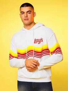 Lay's X SHEIN Men's Letter & Colorful Stripe Pattern Long Sleeve Hoodie - White - View 4