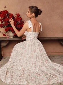 Savoree Textured Hollow Embroidered Ditsy Floral Bow Tie Pleated Bust Cup Waist Flared Hem Spaghetti Strap A-Line Dress, Wedding Guest Dress, Fairy Dress, Off-The-Shoulder