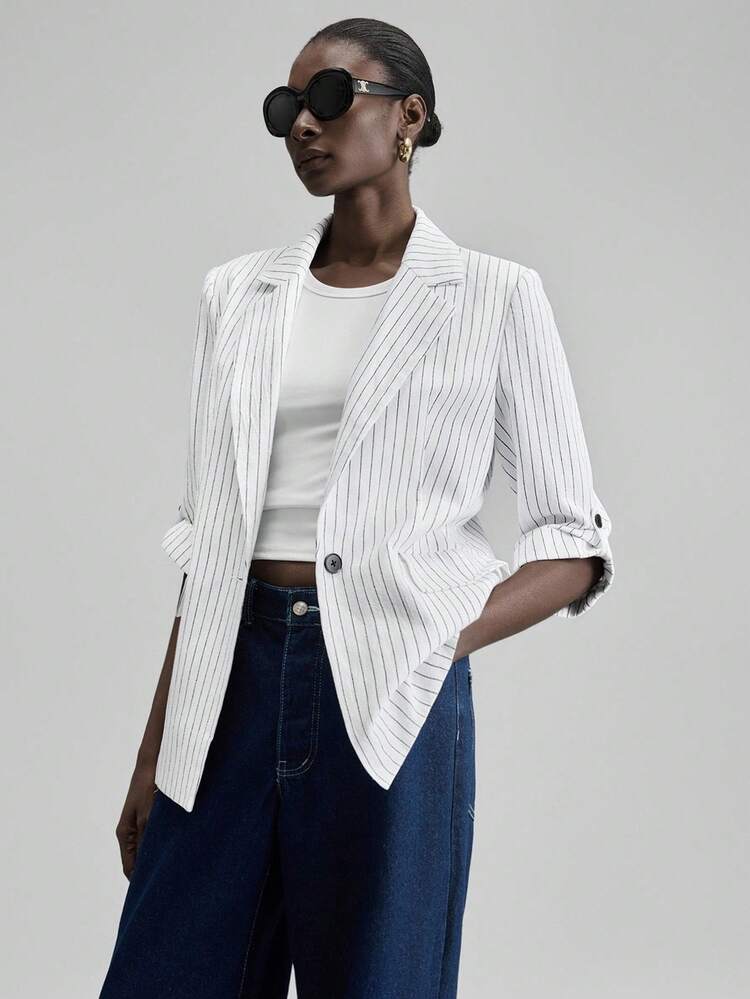 2025 Women's Fall & Winter, Back To School, Halloween, Christmas, Business Casual, Retro Elegant Versatile Basics, Nashville Casual Commuter Striped Lightweight Blazer