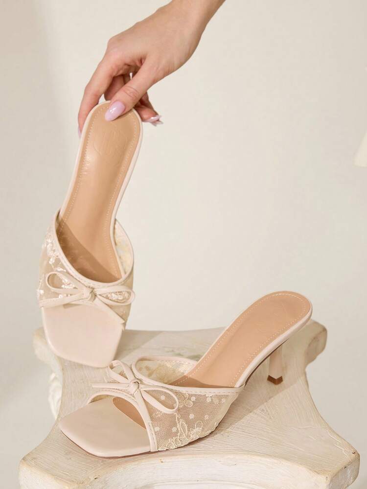 CUCCOO CHICEST Sandalias de tacón medio elegantes y románticas con punta cuadrada, bordado floral y lazo, de malla de color rosa claro/albaricoque, adecuadas para vestidos, damas de honor, invitadas de boda, té de la tarde, citas, fiestas, ocasiones formales, Halloween, cumpleaños
