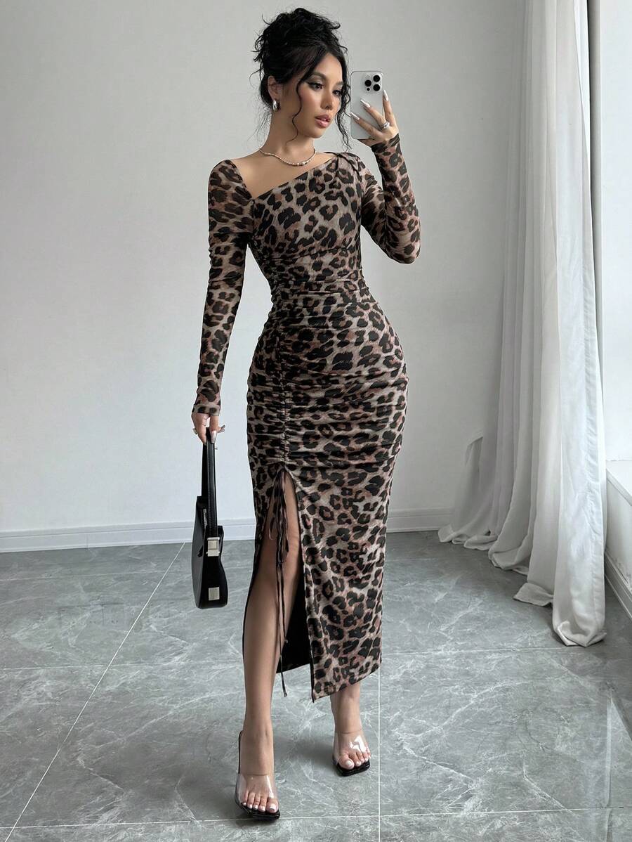 Rafferiza Đầm Maxi Lưới Ôm Sát Tay Dài Cổ Bất Đối Xứng Thanh Lịch Cho Nữ, Đầm Maxi Lưới In Họa Tiết Da Báo, Đầm Xòe, Váy In Họa Tiết Da Báo - màu đen - Xem 1