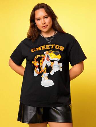 Cheetos X SHEIN Plus Size Women's Summer Fall Autumn Y2k Cleanfit Atry Chic Cute Dreamy  Retro Vintage Casual Vacation Vibe Back To School Clothes Preppy Style  Kawaii  Streetwear Loose Black Cartoon Leopard Pattern Round Neck Short Sleeve T-Shirt, Summer