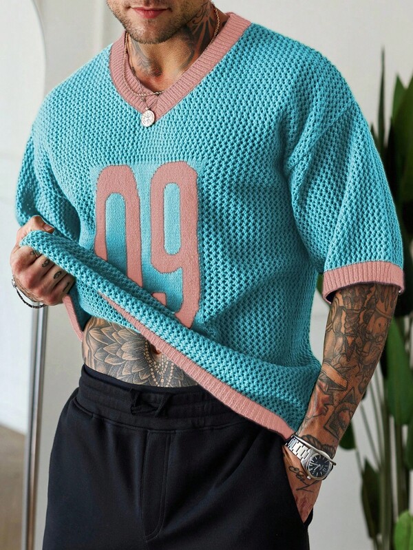 Manfinity Homme Men's Contrast Trim Numeral Intarsia Knit Sweater Knit Top Men Knitted Jersey Men Vacation Men Knit Tops, Men Knit Tops, Men Crochet Set, Men Sweater Top, Manfinity Hupemode Men Summer Casual Color Block Letter Print Short Sleeve T Shirt For Going Out For Friends, Men Mesh Top