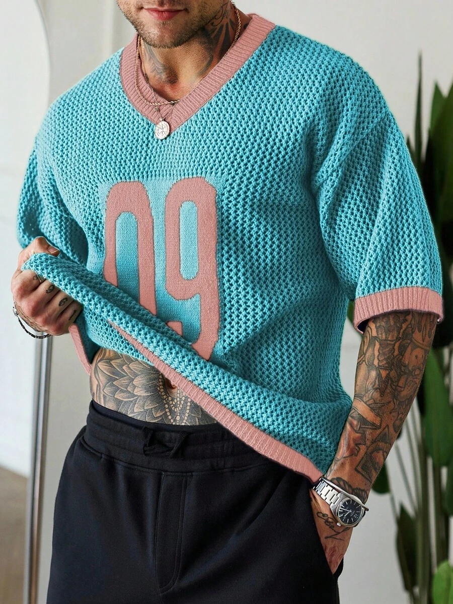 Manfinity Homme 男式撞色镶边数字嵌花针织毛衣 - 淺藍色 - 查看 1