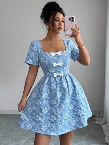 Rafferiza Váy trang trí nơ vải dệt hoa văn jacquard cổ vuông thanh lịch màu xanh lam cho nữ - Màu xanh lam - Xem 3