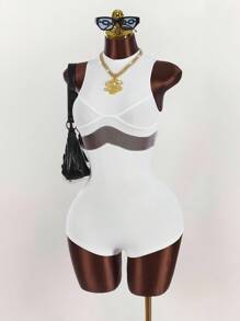 Amplova 女士网眼拼布无袖连体衣 - 白色 - 查看 1