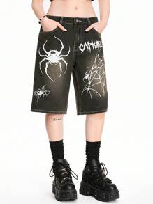 ROMWE Goth Plus Size Spider Print Denim Shorts For Summer - Black - View 6