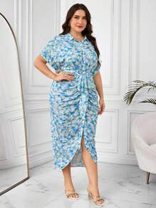 Modelyn Plus Size Women Summer Holiday Floral Printed Batwing Sleeve Belt Pleated Fitted Shirt Dress