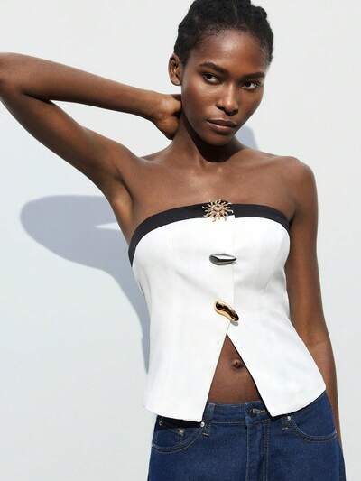 SHEIN Maija エレガントなアーバンウィメンズ ブラック&ホワイトひまわりメタルバックルクロップドチューブトップ、春夏のバカンス&カジュアルウェア、誕生日パーティー、夏、7月4日独立記念日、プライドマンス、パーティー、ストラップレス、ストラップ、ストリートウェア、ストックホルムスタイル、秋、カジュアルワークウェア、カジュアルビジネスカジュアル向け