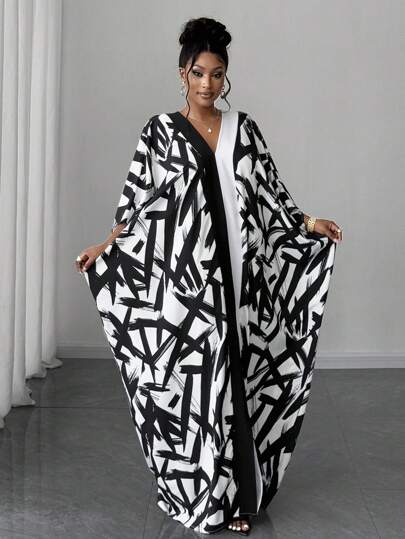 Maweii Plus Size Fashionable All-Over Print Batwing Sleeve Long Dress