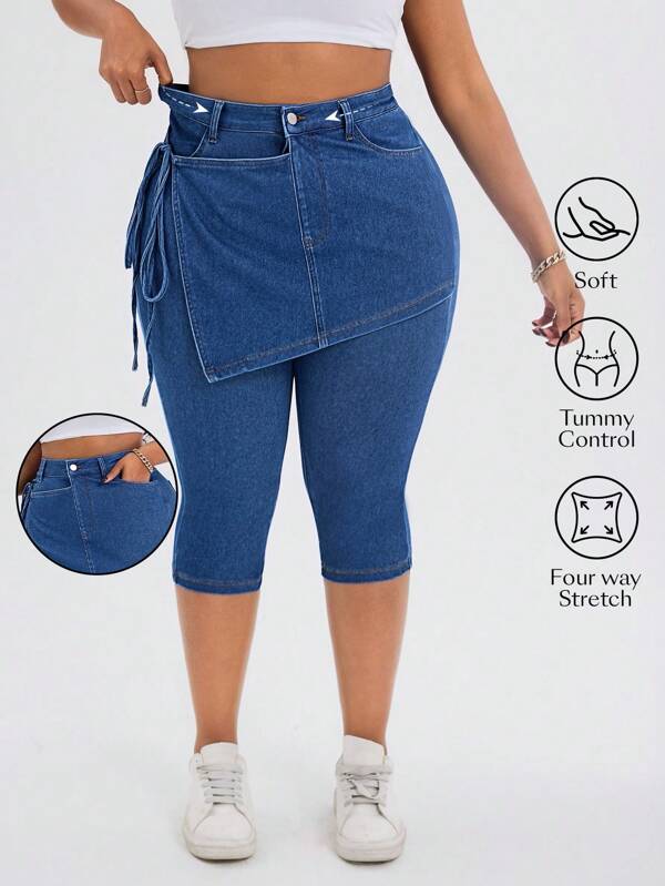 SHEIN Unity Plus Size Women Cowgirl Style Blue Stretch Jeans With Faux Skirt, Sexy Casual Autumn, Rodeo