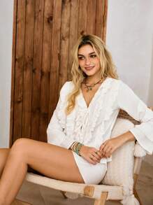 Lullawish Ensemble de tenue de nuit casual pour femmes à volants et en patchwork avec nœud - Blanc - Voir 3