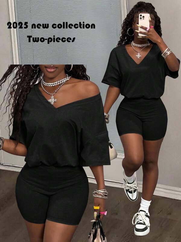 Slaydiva "2025 Summer New Casual Street Light Green Imitation Snowflake Fabric V-Neck Loose T-Shirt + High Waist Slim Cycling Shorts, Suitable For Daily Outings, Music Festivals, Easter, Graduation Season, Fit