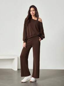 GLOWMODE Modal Silky Smooth Oversized Off-Shoulder Sweatshirt Daily Casual  Spring Summer - Chocolate Brown - View 2