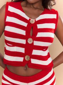 Slaydiva Nuevo conjunto de verano para mujer con top sin mangas de cuello redondo de punto a rayas con bolsillo, cintura ajustada y shorts súper cortos - Rojo - Ver 5