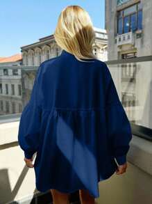 EURMUSE Camisa con cuello alto y mangas de linterna decoradas con diamantes 100% algodón - azul real - Ver 2