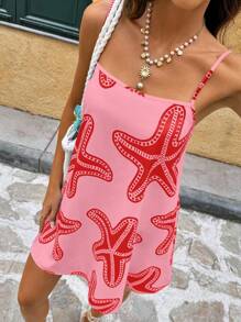 Vivid Eden Seafood Pattern Printed Sleeveless Dress For Women, Vacation Style - Hot Pink - View 6
