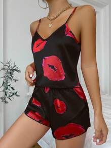 SHEIN Faux Silk Lip Print Camisole And Shorts Pajama Set - Multicolor - View 5