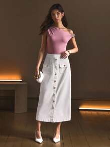 SHEIN Frenchy 女式纯色单排扣工装口袋休闲长款牛仔裙 - 白色 - 查看 3