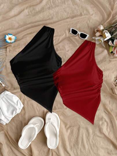 Soleia 2 Set Stylish Plain Sleeveless Women's Asymmetrical Crop Top For Casual Wear One Shoulder Tops Red Red Summer Tops,Off The Shoulder Top