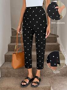 Easowa 教师新款时尚波尔卡圆点印花带口袋七分裤，带开衩下摆教师波尔卡圆点裤女夏季裤子女休闲裤波尔卡圆点可爱裤子波尔卡圆点返校女教师涤纶女裤商务职业女性 - 黑色 - 查看 2