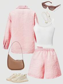 SHEIN Tween Girls Textured Shirt & Graphic Letter Print Tank Top With Shorts Set - Pink - View 2