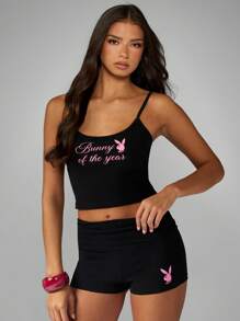Missguided x Playboy Top corto tipo crop con estampado gráfico de conejo del año, parte superior de tirantes finos para festival de verano, camiseta sin mangas, camisola para usar en casa y salir de fiesta