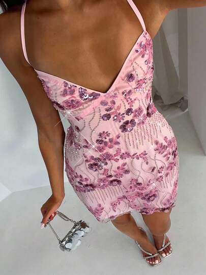 Glamine 全新女式手工 3D 花朵亮片拼接性感露背系带迷你修身吊带裙，高级粉色刺绣亮片裙，女士优雅连衣裙，约会晚礼服，派对装，性感派对礼服，鸡尾酒会短裙，街头服饰，女士海滩度假装，万圣节，返校节，返校