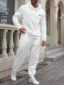 Manfinity Homme 大码男士纹理面料休闲连帽衫和裤子套装 - 白色 - 查看 1