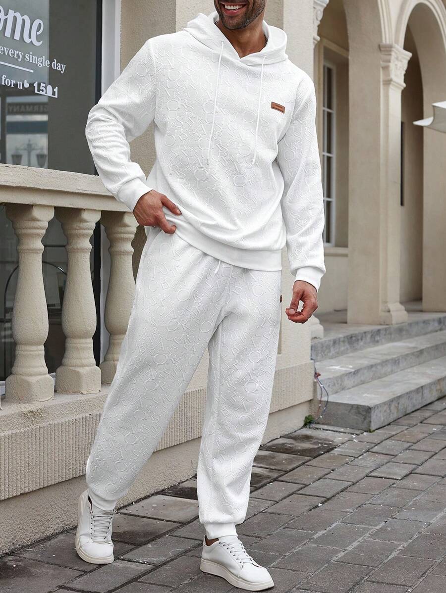 Manfinity Homme 大码男士纹理面料休闲连帽衫和裤子套装 - 白色 - 查看 1