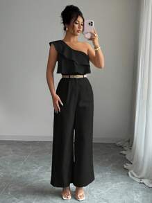 Elenzga Women's Spring/Summer Vacation Style Office Commute Beach Party Asymmetrical Neck Layered Flounce Waist Jumpsuit, Loose Straight-Leg - Black - View 4
