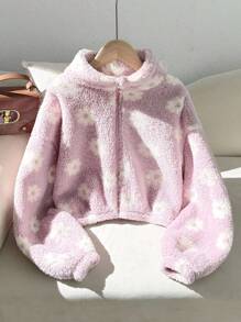 SHEIN 少女款抓絨熱粉色花卉印花立領加厚外套，適合休閒可愛日常穿著，秋冬柔軟泰迪夾克 - 淡紫色 - 查看 8