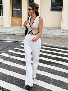 Serisse 女士夏季休闲撞色滚边针织背心 白色优雅上衣 女士秋季返校季复古风女教师款 全白，外出上衣 冬季 - 杏色 - 查看 6