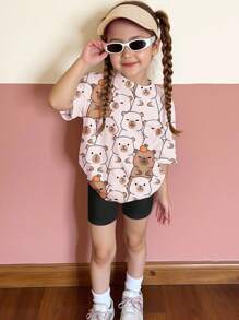 SHEIN 2 件女童休闲简约短袖上衣和短裤套装，适合夏季 - 彩色 - 查看 1