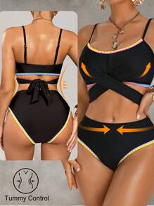 Shapewave 2pcs/Set Women's Neon Black, Pink, Blue, Purple Shark Tooth Print Push-Up Tummy Control Swimwear Bikini, Casual For Spring, Summer, Beach, Party - Multicolor - View 3