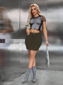 SHEIN SXY 休闲纯色时尚纽扣女式牛仔迷你裙 - 軍綠色 - 查看 7