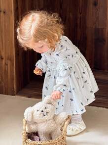 SHEIN Baby Girl Spring&Autumn Casual Printing Long Sleeves Dress - Beige - View 4
