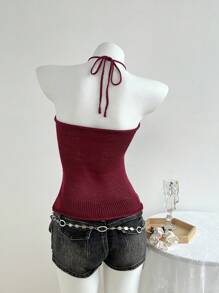 SHEIN Unity Women Solid Sheer Neck Fitted Vacation Sweater Vest - Burgundy - View 2