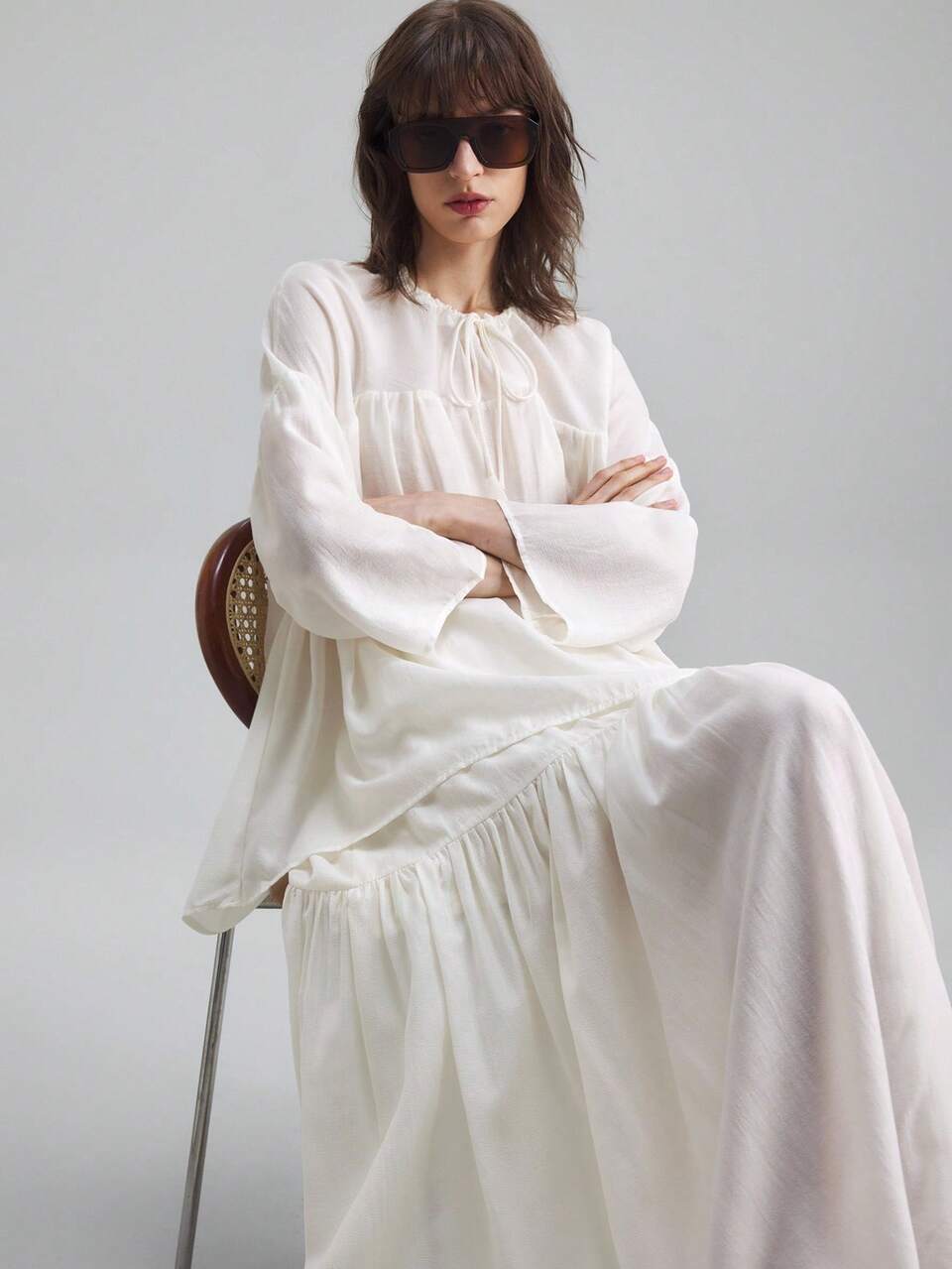 2025 Women's Off-White Drawstring Waist Ruffle Hem Casual A-Line Skirt,Boho Holiday&Vacation,Summer,Autumn,Graduation,Beach,Music Festival Skirt
