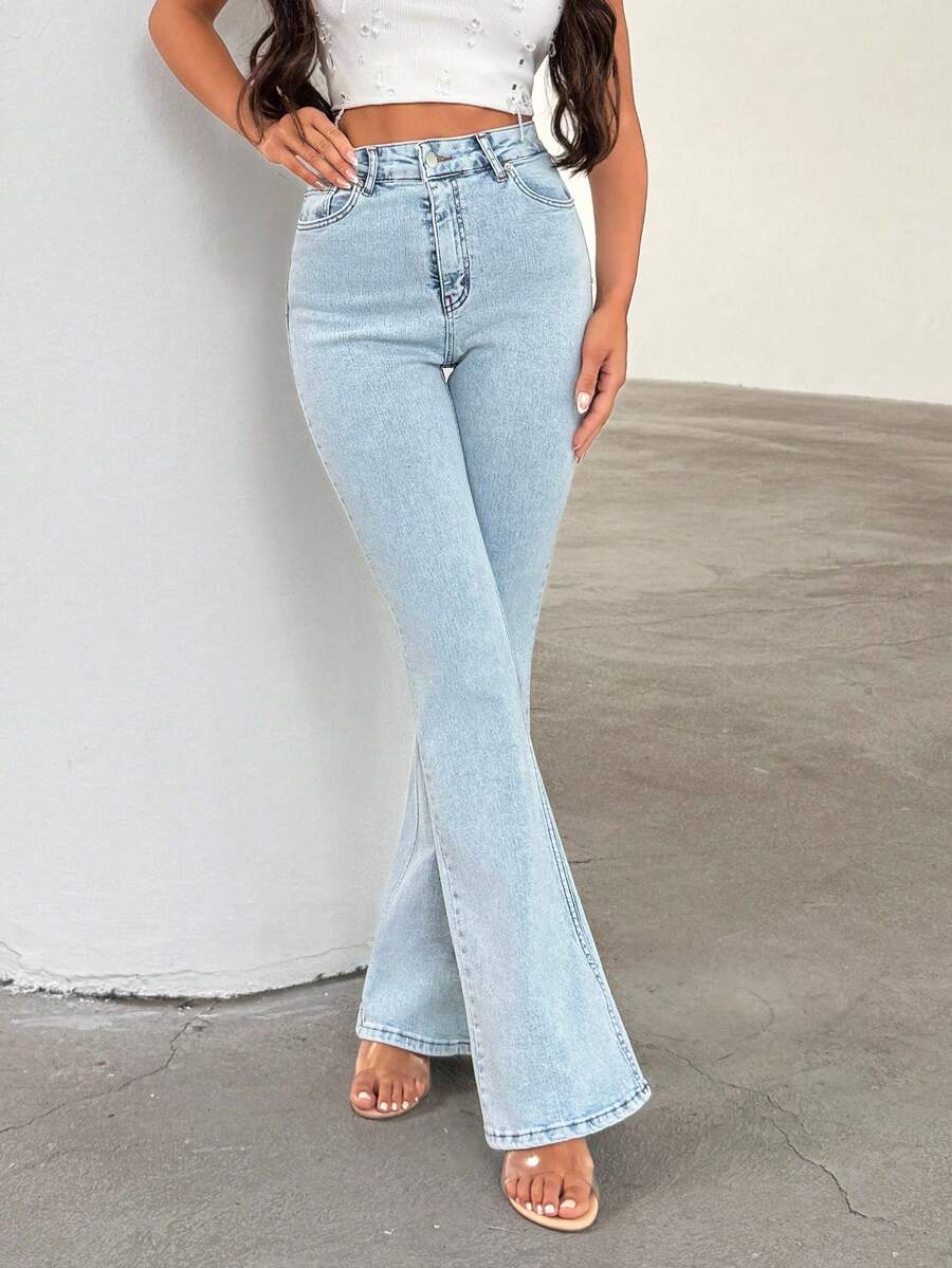EURMUSE WOMEN HIGH WAIST SKINNY FLARE EVERYDAY CASUAL JEAN STRETCH LIGHT BLUE High Waisted Jeans Flared Jeans For Women Bootcut Jeans Wide Leg Jeans Jeans - Light Wash - View 1