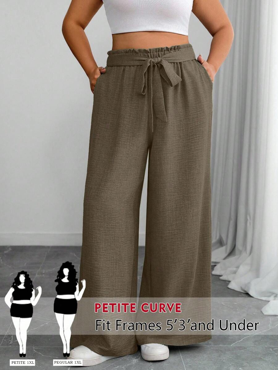 SHEIN PETITE 大码女式纯色荷叶边腰带休闲阔腿裤 - 咖啡棕 - 查看 1