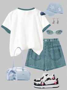 SHEIN 青少年女孩休闲简约短袖短裤两件套，适合夏季 - 彩色 - 查看 2