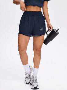 SHEIN Sports Letter Print High Waist Casual Sport Athletic Shorts - Navy Blue - View 3