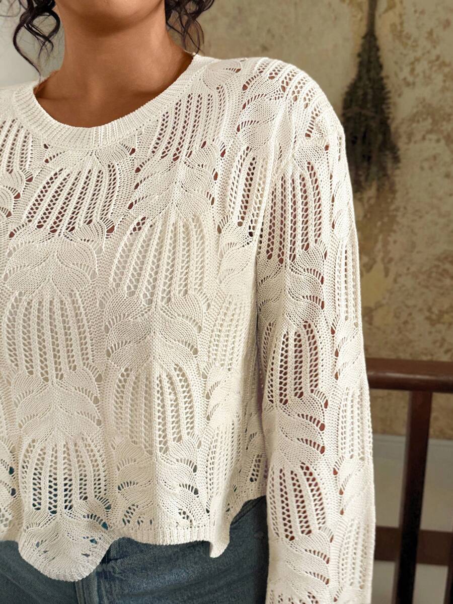 Travachic Plus Size Casual Loose Hollow Out Long Sleeve Crew Neck Women Sweater In Fall/Winter - Apricot - View 1